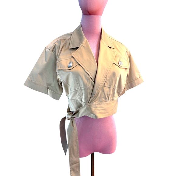 EUC! DEREK LAM Collective Cropped S/S Wrap Jacket Khaki Cotton Utility 42 S - Picture 4 of 12